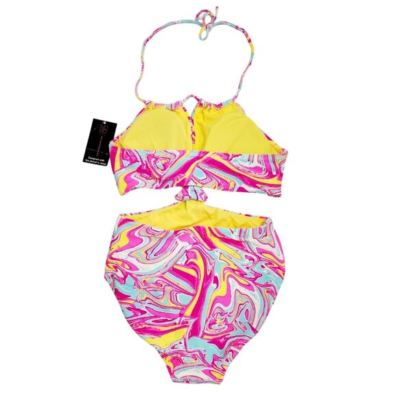 Womens High-Waisted Swirl Print Bikini Set Halter Tie Cut-Out Detail Size S - Picture 2 of 8